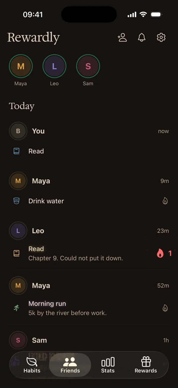 Habit buddies feed showing friends' check-ins