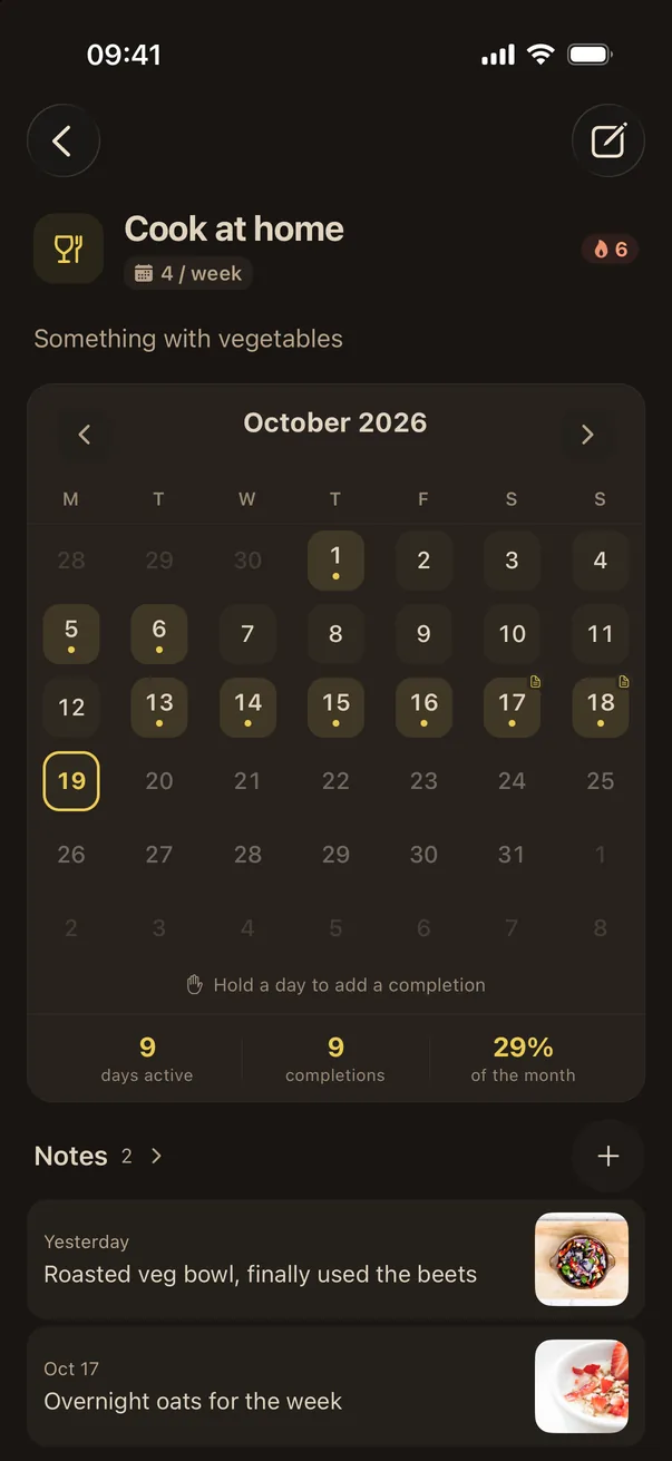 A habit calendar with notes and photos on check-ins