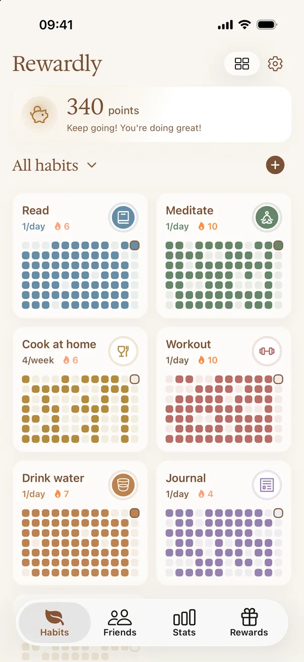 Rewardly habit tiles in light mode