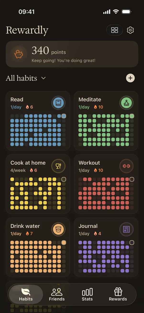 Habit tiles with a year of check-ins
